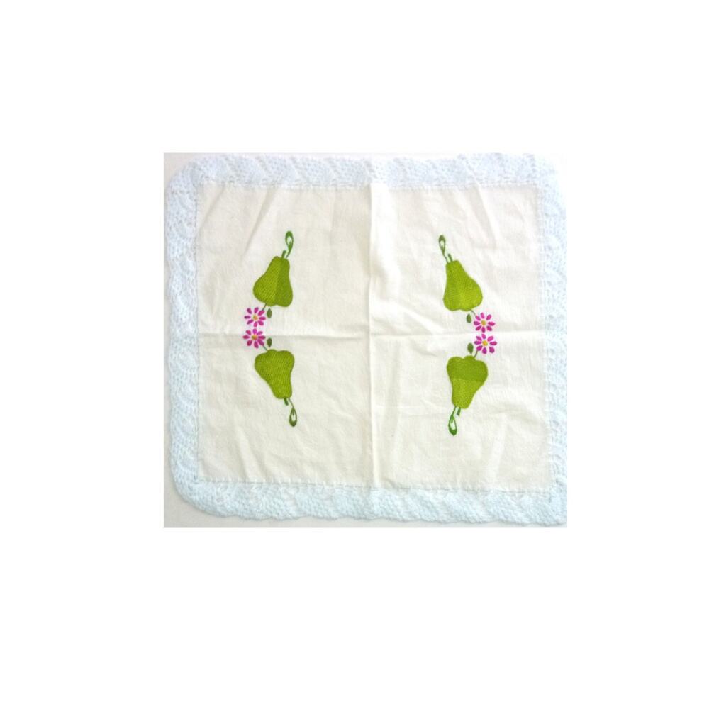 Vintage Embroidered Placemats Large Napkins Set of 2 Pear and Flower 60's 70's
